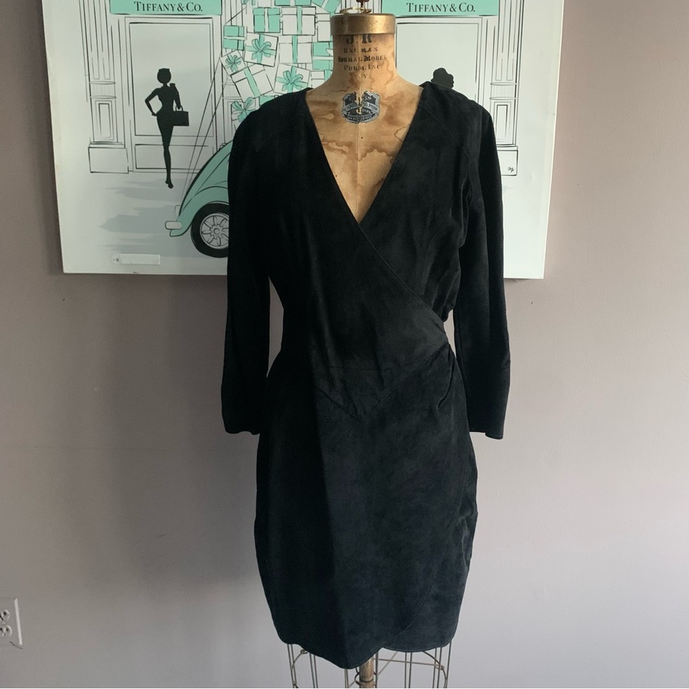 Vintage Black Suede Firenze Santa Barbara Bodycon V Neck Dress, Small